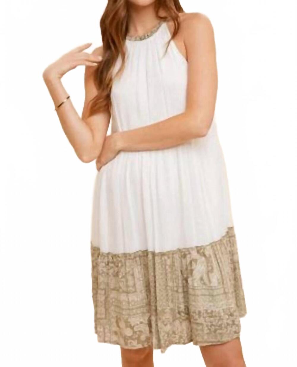 NEW HEM & THREAD patchwork print mix tiered mini dress in white/beige